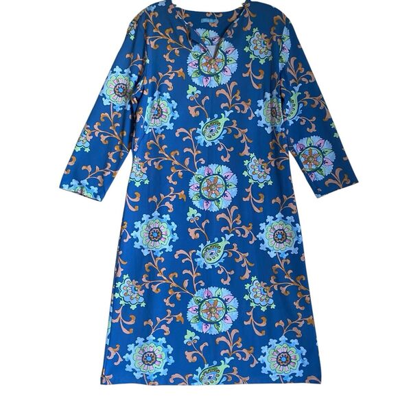 J. McLaughlin Shift Dress L Blue Floral Knee Length 3/4 Sleeve Career Party - Picture 2 of 7